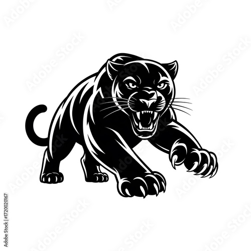 Fierce Black Panther Illustration Leaping Forward with Menacing Expression and Sharp Claws Ready to Strike its Prey