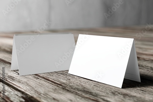 Blank White Tent Cards on Rustic Wooden Surface for Table Place Settings