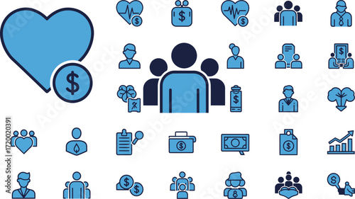 Collection of various blue icons representing health, finance, people, and business concepts.