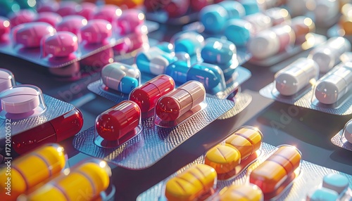 Close-up of various colorful medicine pills arranged in blister packs, showcasing pharmaceutical diversity