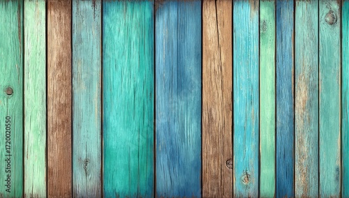 Vibrant, vertical wooden planks display a spectrum of teal, aqua, and muted brown hues, showcasing a weathered, rustic charm.
