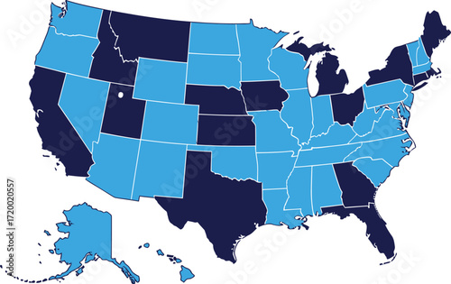 A map of the United States with some states colored in blue.