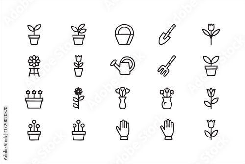Flower and gardening tool outline illustrations for nature and outdoor use