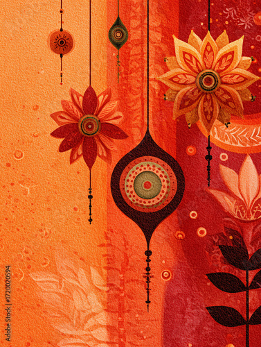 A vibrant ancient textured background with warm dark orange and red hues, Dussehra holiday celebration, vertical banner, copy space, floral decoration
