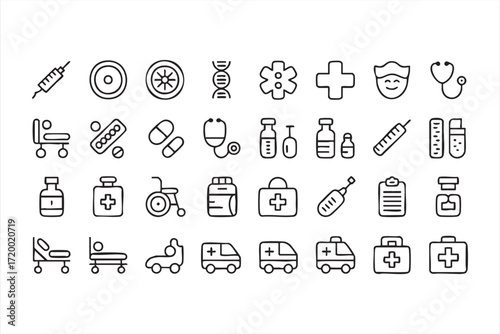 Healthcare and hospital outline symbols for doctor and patient design projects