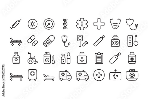 Vector illustration of stethoscope, syringe, and medicine line graphics set