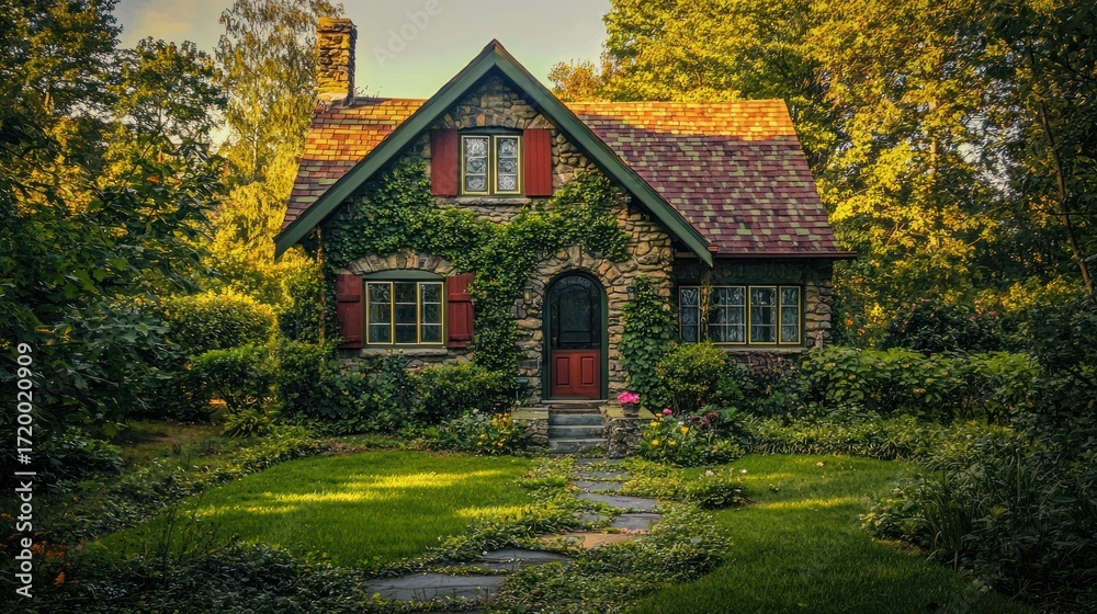 Obraz premium A charming stone cottage surrounded by lush greenery and a peaceful garden.