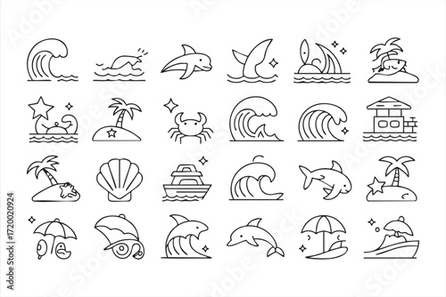 Beach and ocean outline icons for summer travel and tropical vacation projects