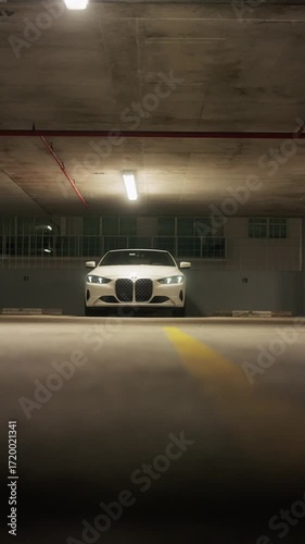 Cinematic reveal shot of a white luxury sports car parked in an underground garage. Dark shadows and fluorescent lighting create a cinematic mysterious atmosphere