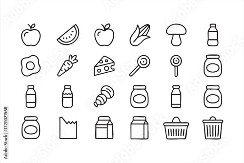 Milk, cheese, and vegetable outline illustrations for nutrition projects