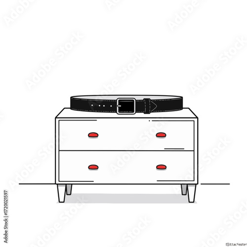 Minimalist black belt on white dresser with red accents, modern decor