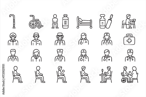 Elderly care and healthcare outline icons for medical and caregiving projects