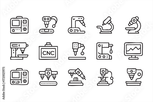 Mechanical tools and automation robotics outline icons for industry branding