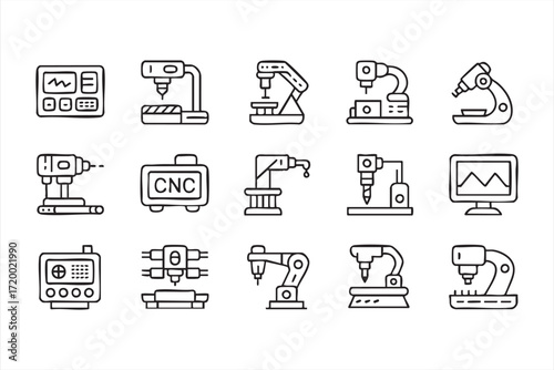 Factory machinery and engineering production line outline illustrations for technology use