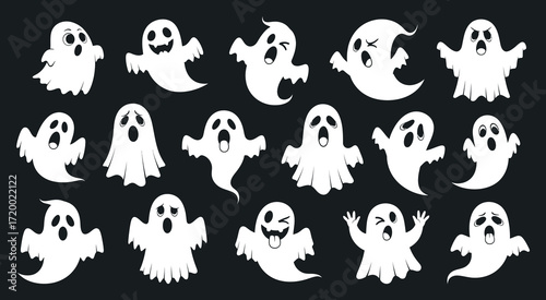 A whimsical collection of cartoon ghost characters with various expressions, perfect for Halloween designs. This spooky and fun set of spirits is a great vector graphic for any festive project