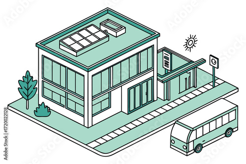 Isometric vector illustration of a contemporary building with solar panels on the roof, a bus stop, and a passing bus
