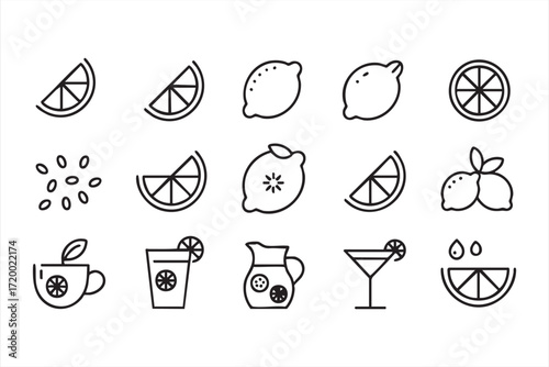 Lemon and citrus fruit outline icons for juice and summer beverage projects