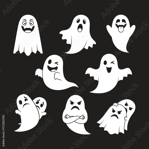 A delightful collection of white cartoon ghost characters for a fun halloween celebration. This vector set features spooky phantoms with various funny and angry emotions
