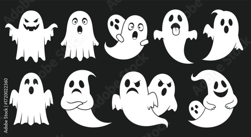 Spooky and fun halloween vector illustration set featuring a collection of white cartoon ghosts with diverse emotional expressions, from scary to cute, on a dark background