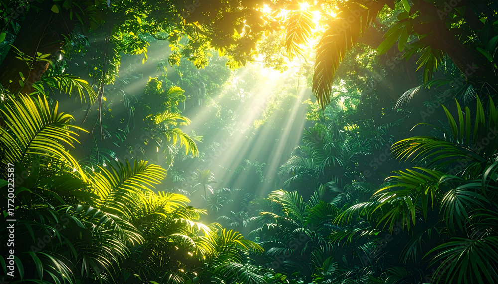 Fototapeta premium Sunbeams Filtering Through Lush Tropical Rainforest Canopy