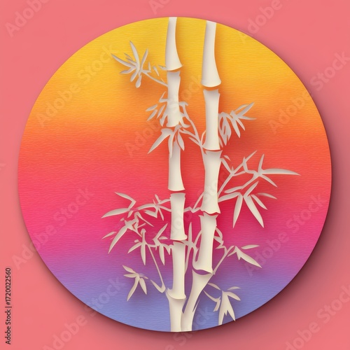 Pastel Paper Cut Bamboo Icon in Zen Style on Gradient Background
