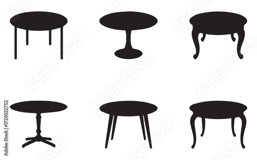 Collection of silhouetted round tables in various styles on white background