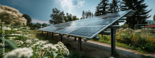 Solar Panels in Blooming Wildflower Field Under Clear Blue Sky and Green Trees