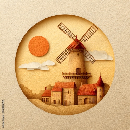 Paper Cut Art of Windmill with Sun and Clouds in Warm Tones