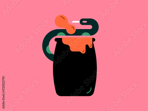 Halloween Snake with Potion Illustration. Spooky Snake and Magic Potion. Halloween Magic Snake Drawing. 