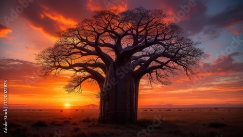 Breathtaking African sunset featuring a majestic baobab tree silhouetted against vibrant orange skies with grazing animals in the distance at dawn