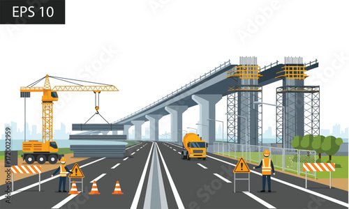 Highway construction with cranes, concrete mixer, workers, and barriers, illustrating infrastructure development and urban planning