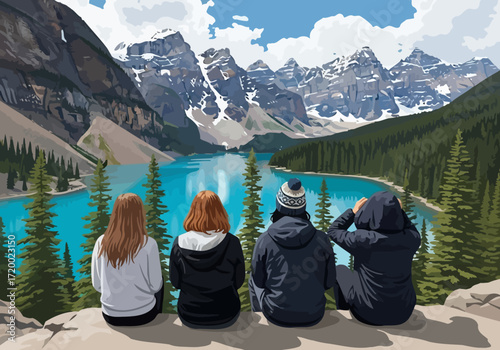 Friends enjoying the majestic alpine lake and snow-capped peaks in a breathtaking natural landscape illustration