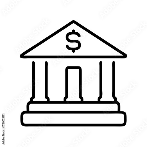 Simple outline icon of a bank building with a dollar sign isolated on transparent background