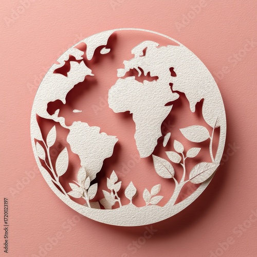 Detailed Paper Cut Artwork Featuring Global Map Surrounded by Plant Elements