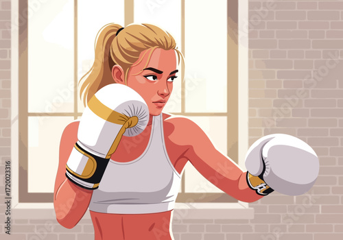 Young athletic woman in boxing gloves training hard in the gym for fitness and self-defense