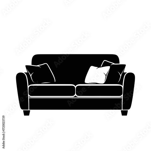 Black silhouette of a sofa with pillows isolated on white background