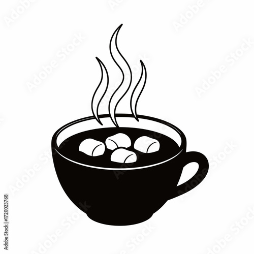 Hot chocolate with marshmallows in a cup silhouette isolated on white background