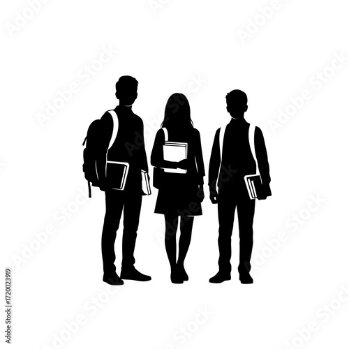 Three students with books and backpacks silhouette isolated on white background