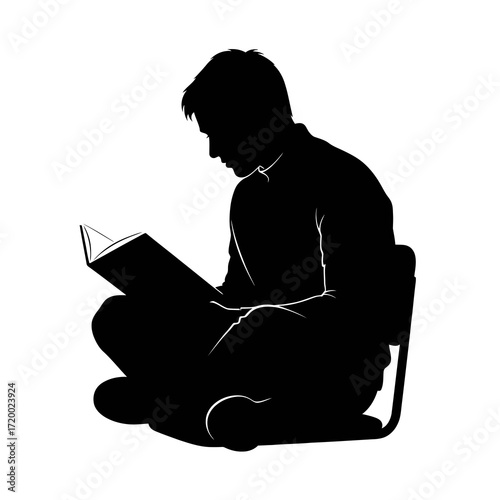 Silhouette of a person reading a book cross legged isolated on white background