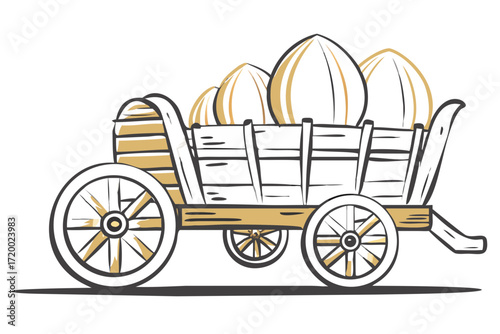 Wooden wagon filled with harvest produce in simple illustration style  