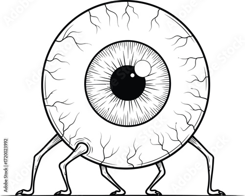 Cartoon eyeball with legs illustration in black and white