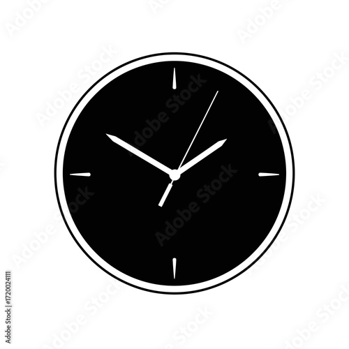 Black clock face silhouette with white hands isolated on white background