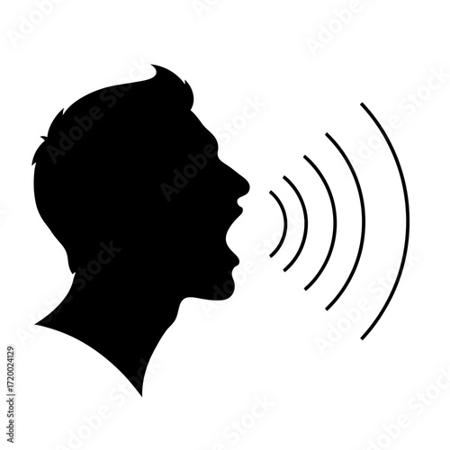 Man speaking or shouting silhouette with sound waves isolated on white background