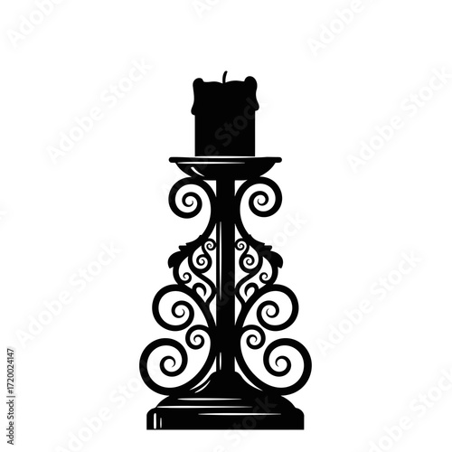 Ornate wrought iron candlestick with a candle silhouette isolated on white background