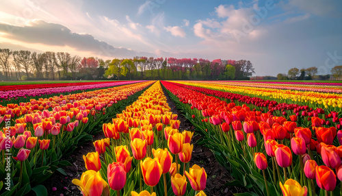 Vibrant Tulip Field at Sunset