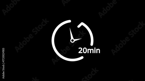 20 minutes timer clock animation. Countdown stopwatch and clock icon with 20 minutes label for cooking, workout fitness, and time management on black background.