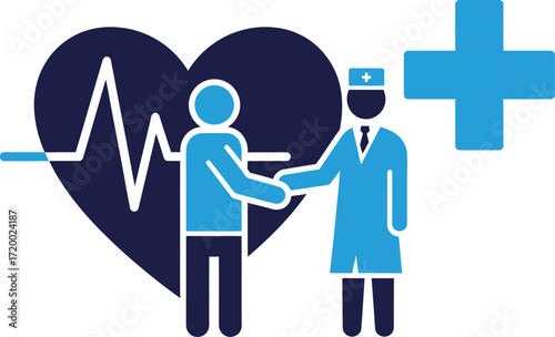 Doctor and patient shaking hands, heart and cross symbol.