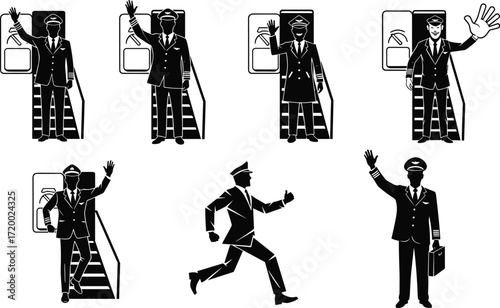 PrintAirline pilot silhouettes waving, professional aviator crew greeting passengers, airplane captain uniform icons, aviation staff illustration, commercial flight team vector design