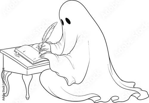 Ghostly figure writes in a book with a feather quill pen