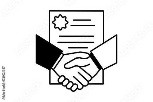 Handshake icon and a contract behind as a done deal - ideal for commerce and business social networks information technology